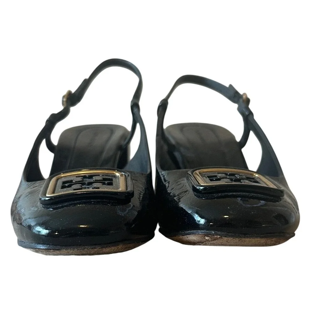 Tory Burch Georgia Black Patent Slingback Block Heel Pumps Size 8.5